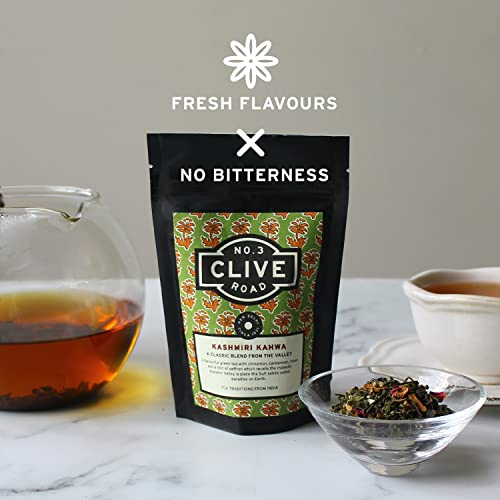 Image of Clive Road Kahwa - 30+ Cups, Premium Tea Pouch, Detox with Iced /Hot Tea, Kashmiri Green Blend 100% Natural Spices ~ Saffron, Cinnamon, Cardamom & Rose Petals, 50 g