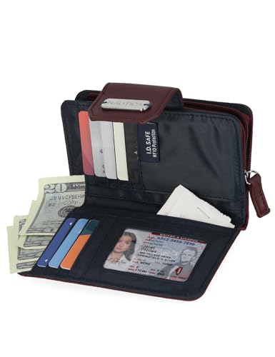 Image of Nautica Womens, Close Reach Vegan Leather RFID Wallet, Small Credit Card Holder Purse with Zipper Coin Pocket and ID Window in Wine Check