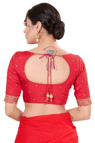 Image of Vamas Women's Art Silk Front Open Saree Blouse | Scallop Embroidered Sleeves & Yoke Designer Blouse | Stylish EthnicBlouse for Wedding & Festive Occasions