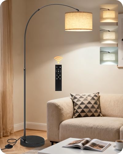 GOEBLESON Lampadaire de salon arc, lampe arquée réglable en hauteur de 158 à 188 cm, lampadaire à intensité variable avec télécommande, avec ampoule LED, beige...
