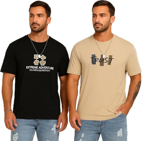 Image of Lymio Mens Cotton Round Neack T-Shirt Printed T-Shirt (Pack Also Available) (T-64-68), Chiku-black, M