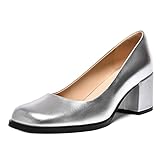 FEMSTEP Women's Square Toe Slip On Matte Leather Casual Block Low Heel 2.5 Inch Chunky Pumps Shoes Silver Size 10 - Zapatos de Mujer de Vestir Tacon Bajo