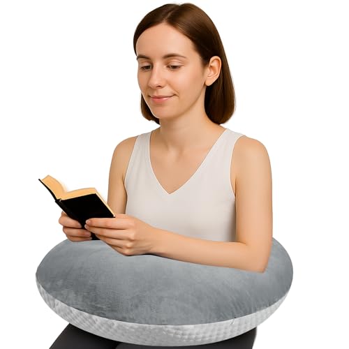 Silkena Reading Pillow for Gaming, Crochet Pillow for Lap Support Reduces Arm Pain, Elbow Rest with Washable Cover for Kids Adults and Teens - Perfect Book Lover Gifts (Dark Grey)