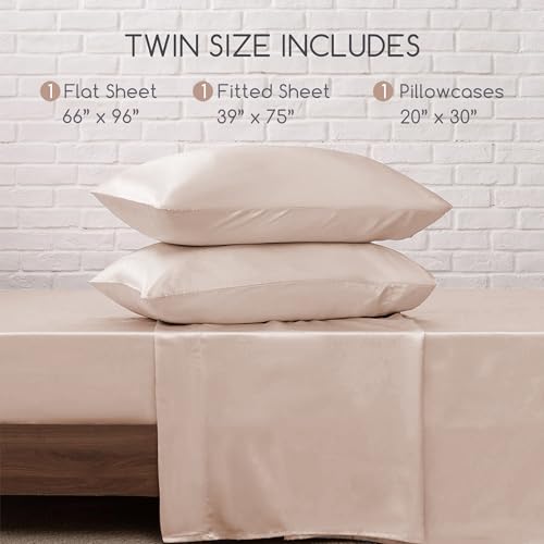 Image of MR&HM Satin Bed Sheets, Twin Size Sheets Set, 3 Pcs Silky Bedding Set with 15 Inches Deep Pocket for Mattress (Twin, Champagne)