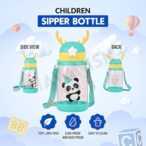 Image of Antlers Water Bottle for Kids 600ml BPA Free | Soft Silicone Sipper Transparent Bottle for Boys & Girls | Reusable Leak Proof with Strap for School, Sports, Travel & Outdoor Use - Pack of 2 (Green)