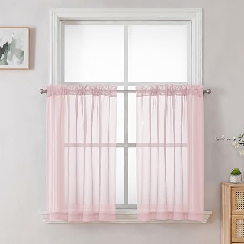 Image of OVZME Blush Pink Sheer Curtains 36 inch Length 2 Panels Set, Light Filtering Voile Rod Pocket Short Window Curtians for Bathroom Living Room Farmhouse Small Windows, Each 42Wx36L Inches