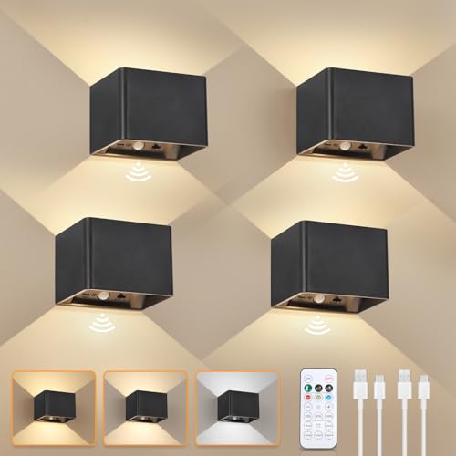 Image of Rechargeable Wall Lights with Motion Sensor, 5400mAh Battery Operated Wall Lamps with Remote Control, Dimmable and 3 Colors, On and Auto Modes Indoor Wall Sconces for Bedroom, Hallway, Black 4 Pack