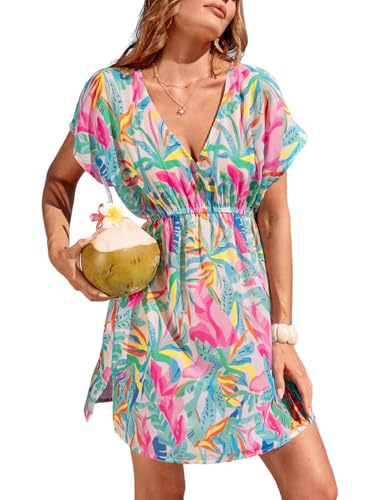 Image of CUPSHE Women's Swimsuit Coverup Casual V Neck Beach Dress Short Sleeve Elastic Waist Swimwear Cover Ups 2026 Beachwear