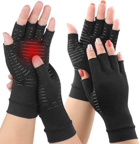 Kecartu 2Pairs Copper Arthritis Compression Gloves for Women Men Fingerless Compression Gloves for Carpal Tunnel Swelling Hand Pain RSI Driving Typing Support Hands Wrist for Work (Medium)