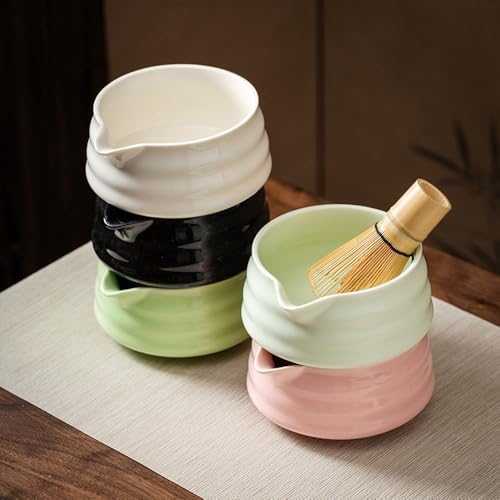Ceramic Matcha Bowl with Pour Spout, Traditional Handmade Striped Solid Glazed Porcelain Japanese Matcha Tea Mixing Bowl with Gift Box for Whisking Matcha Bright Pink image 4