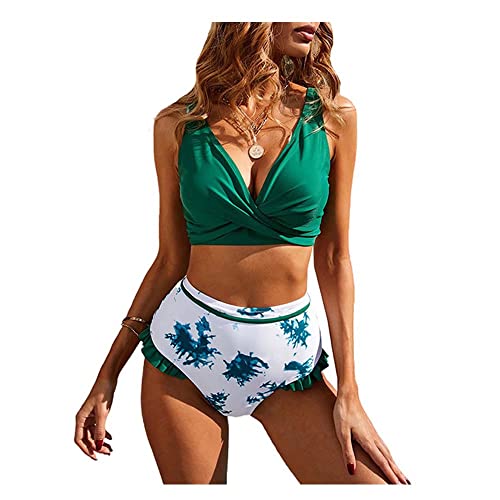 LYCG Tankini-Badeanzüge für Frauen, Zweiteilige Badeanzüge, sexy, schlank, mit tiefem V-Ausschnitt, hoher Taille, Bademode mit Rückenausschnitt, grüner Rüsche, niedlichem Schwimm-Surfanzug Cover