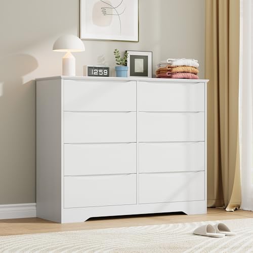 Garvee Wooden Dresser with 8 Drawers, Tall Modern Closet with Deep Storage, Large Chest of Drawers with Wide Top, Long Storage Dresser for Bedroom, Li