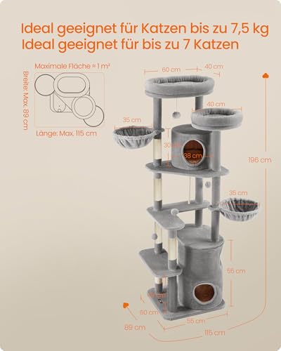 Feandrea Kratzbaum groß, XXL, 196 cm hoch, mehrstöckiger Katzenbaum mit 2 großen Plattformen, 3 Höhlen, 2 Liegemulden, 5 Kratzstämmen, 4 Plüschbällen, Katzenbürste, Tunnel, hellgrau PCT153W01 – Bild 7