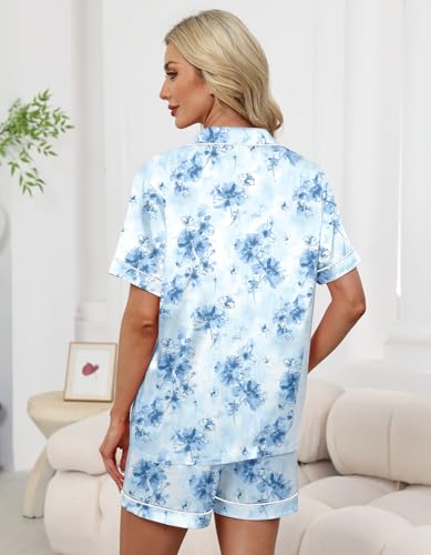 Image of Schbbbta Women Pajamas Set, 2 Pieces Satin Silk Button Down Pjs Short Sleeve Outfits Loungewear