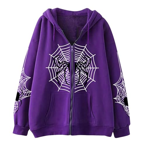 Spider Web Hoodies Y2K Halloween Zip Up Tops Novelty Gothic Oversized Long Sleeve Sweatshirt Fall Jacket Streetwear - Main Image