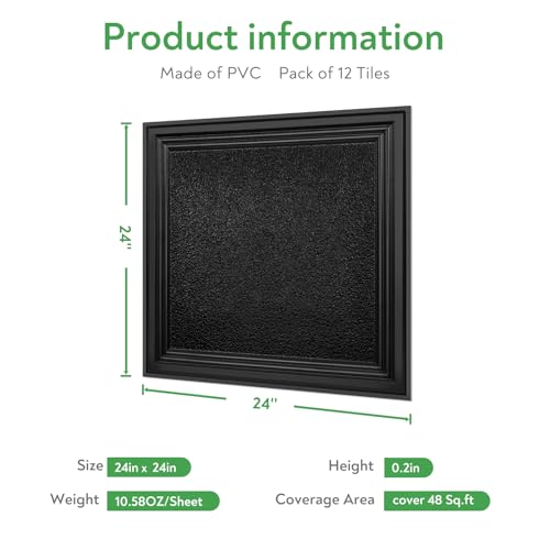 Image of STICKGOO Drop Ceiling Tiles 24x24 Inch, Glue Up Ceiling Panels, Pack of 12 | PVC Waterproof, Easy Installation, Ceiling Covering for Home Office Decor, Cover 48 Sq. Ft (Popcorn Textured Black)