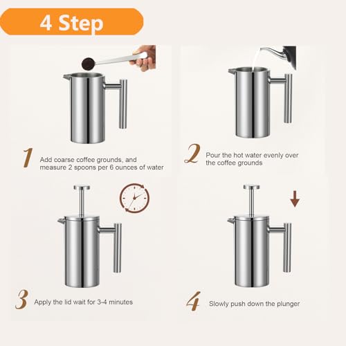 Image of Stainless Steel French Press Coffee Maker 1500ml, Double-Wall Insulated Large French Coffee Press for travel camping,Large Capacity, (50oz, Silver)