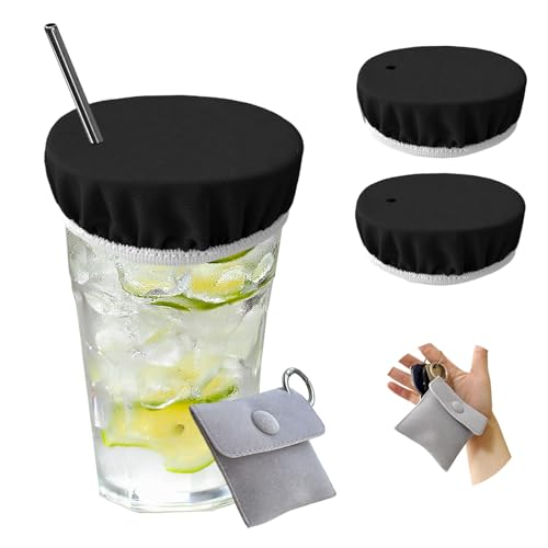 Drink Covers for Alcohol, Reusable Cup Cover with Straw Hole, Easy to Carry/Clean, Thoughtful Packing with Key Ring (Black)