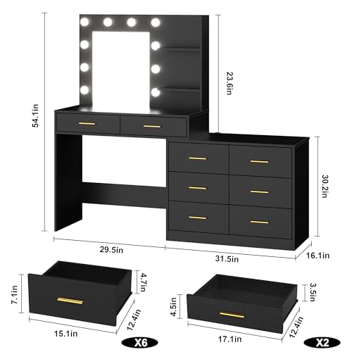 61" Make up Vanity Desk with Mirror and Lights, Black Vanity with 8 Wide Storage Drawers & 2 Tier Shelves, 3 Lighting Modes with Adjustable Brightness for Bedroom