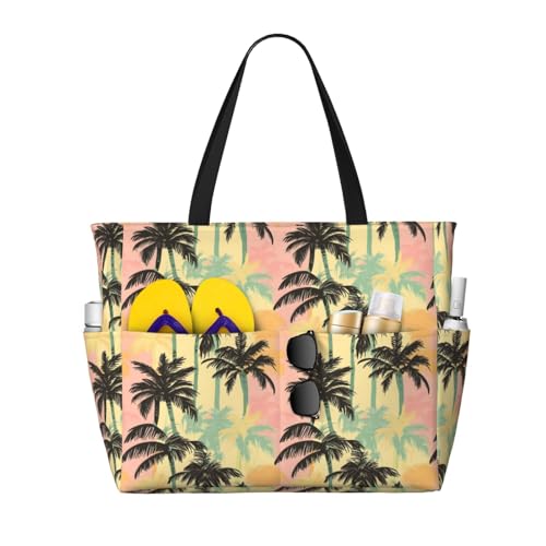 Large Beach Bags for Women Sandproof - Tropical Coconut Palm Print Summer Travel Work Tote Bags with Zipper