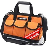 TOPXUAN Tool Bag 16 Inch Molded Plastic Base Heavy Duty Waterproof Orange Tool Organizer Wide Mouth With Shoulder Strap for Power Tools and Hand Tools Oxford Cloth Fabric (16 Pockets)