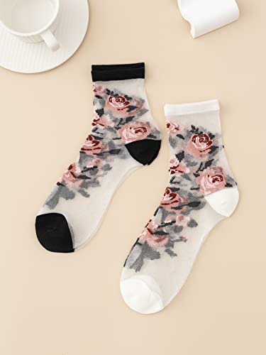 Verdusa Women's 2 Pairs Floral Mesh Sheer Socks Floral Black And White One-Size #TOP1