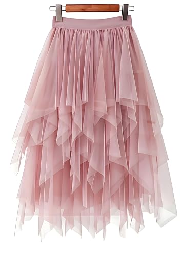 LBKKC Women's Pink Tulle Skirt, Formal High Low Asymmetrical Midi Length Elastic Waist Flowy Layered Puffy Fairy Tutu Halloween Skirts