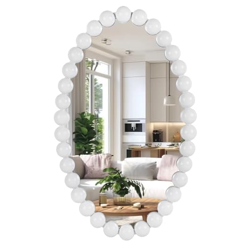 WRTRENDS Oval Round Wall Mirror - 30 Inch Decorative Framed Bathroom/Living Room Accent Mirror with Beaded Ball Trim - Vintage Modern Style (Black/White/Gold) (Gold)