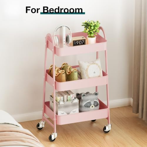 Pink 3‑Tier Metal Rolling Utility Cart, Mobile Storage Organizer with Lockable Caster Wheels, Multi‑Purpose Rolling Rack for Kitchen, Bathroom, Living Room, Office and Tight Narrow Spaces - Image 3