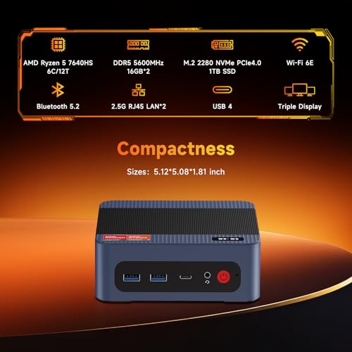 Image of wo-we P8 MINI Gaming PC AMD Ryzen 5 7640HS (Upgraded 6600H / 6800U) Mini Computer, AMD Radeon 760M 32GB RAM +1TB PCIe4.0 x4 SSD 6C /12T,Up to 8k, Triple Screen Display RJ45 LAN x2,Wi-Fi 6E /USB4 /BT5.2