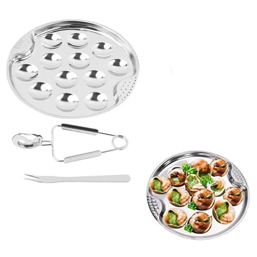 Set à Escargots 3 Pièces en Inox – Plat à Escargots 12 Trous avec Pince et Fourchette – Assiette de Présentation et Poêle à Escargots,Outils à...