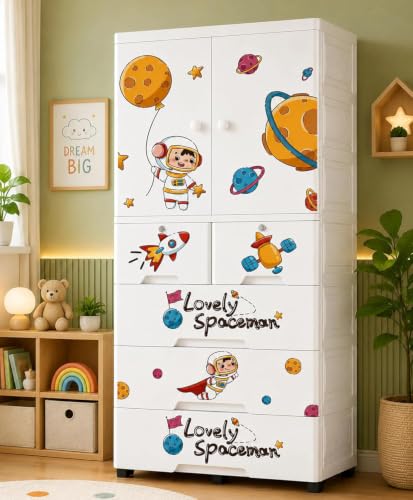 Image of Mevigo 5-Door Plastic Wardrobe for Kids| Almirah and Wardrobe for Baby Clothes| Modular Storage Cabinet with Wheel Organizer for Cupboard Rack for Clothes /Shoes /Books /Toy -White-KT18142