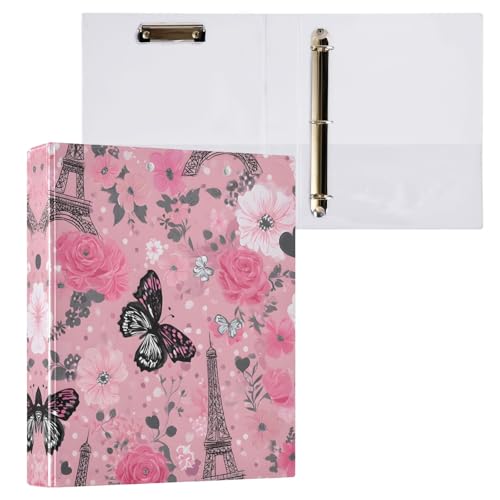 リングファイル ルーズリーフ バインダー a4 エッフェル塔 ピンク ローズ Dリング 3穴 200枚収納 クリップ&収納ポケット付き 書類整理 事務用品