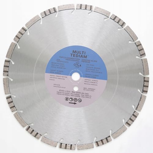 TEDIAM Disco de corte de diamante, multi premium, para hormigón/granito/asfalto, 350 x 20 mm, segmentado, soldado con láser, segmento de altura de 12 mm