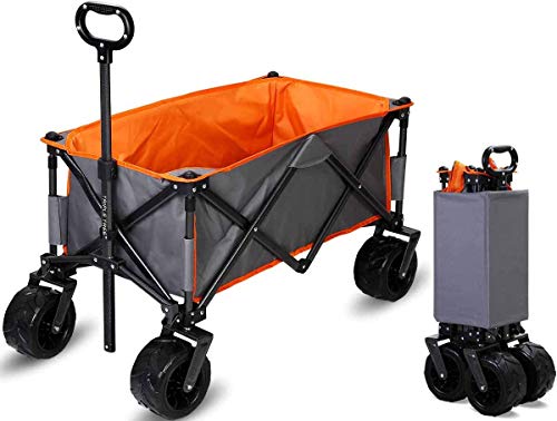 TRIPLE TREE Carrito Plegable con Mango Ajustable,Plegable,Ruedas Grandes 360,con Placa de Suelo para Camping,Playa,Jardín, Compras,80 kg Capacidad (Naranja)