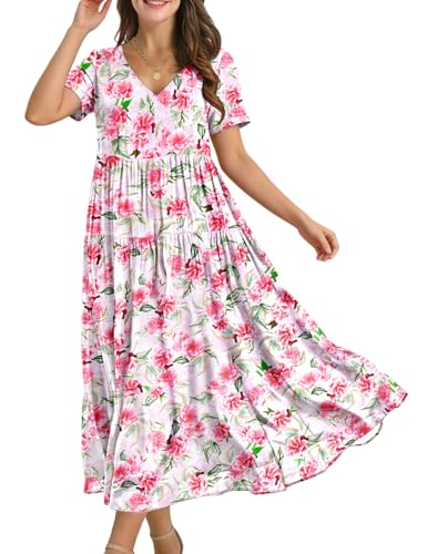 Image of YESNO Women's Summer Maxi Dresses Casual Floral Short Sleeve V Neck Boho Beach Vacation Swing Dress with Pockets EVF
