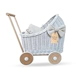 Wiklibox Natural Rattan Doll Stroller - Hand Made in Europe - Fits 17' Dolls & Plush Toys - Wicker Doll Pram & Baby Walker with Bedding Set - Perfect for Imaginative Play | White with Ivory Bows
