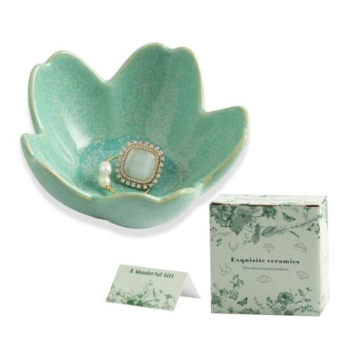 Mecaikru Flower Jewelry Tray Ceramic Ring Dish Jewelry Dish Small Trinket Tray Cute Ring Holder Key Bowl Decorative Plate Gifts For Mom/Sister/Friend Birthday/Mothers Day/Christmas Gift (dark green)