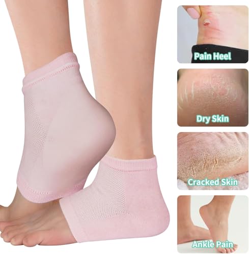 Image of UCRAVO Gel Moisturizing Heel Socks for Women - Pink Silicone Heel Sleeves for Dry Cracked Feet, Pain Relief & Foot Repair - Reusable Soft Hydrating Gel Lining Socks Night Repair Sleeves