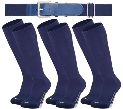 Londkaron Youth Elite Baseball/Softball Socks & Belt Combo (3 Pairs of Socks with 1 Belt) (Medium Navy)