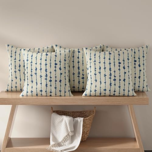 Image of HUESLAND Premium Cotton Cushion Cover 12 x 12 inch Set of 5 | Decorative Throw Pillow Covers for Sofa, Living Room & Bedroom | Blue Vertical Stripes