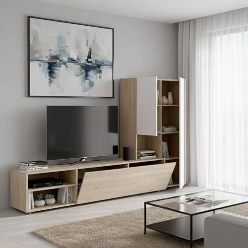 Dmora - Parete attrezzata Ainos, Composizione soggiorno, Mobile salotto multiuso, Armadio porta TV, 227x40 h141 cm, Bianco e Rovere