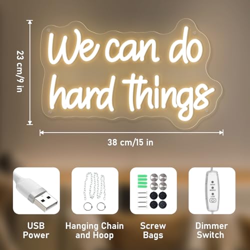 Image of We Can Do Hard Things Neon Sign Warm White Dimmable LED Neon Signs for Kids Bedroom Inspirational Letter Neon Light for Office Classroom Lights up Signs For Wall Decor