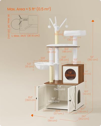 Image of Feandrea Cat Tree with Litter Box Enclosure, 59-Inch Modern Cat Tower | 2-In-1 Condo with Scratching Posts, Washable Removable Cushion, Rustic White and Honey Brown UPCT113W201