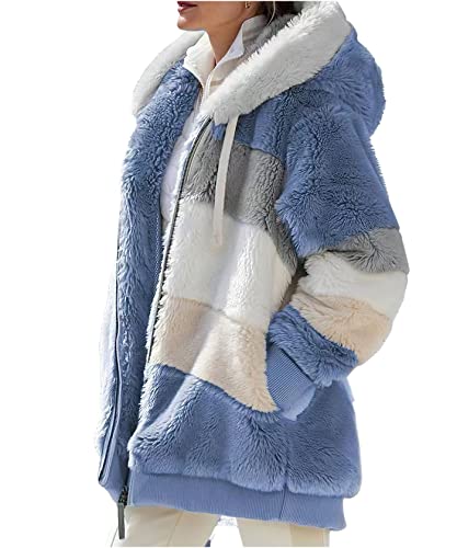 ebossy Women's Oversized Faux Fleece Hooded Coat Full Zipper Color Block Shearling Winter Warm Sherpa Jacket Outwear