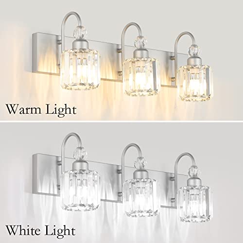 Image of Ralbay Crystal Vanity Light - 3 Light, 24'' Modern Silver Bathroom Vanity Light Fixtures Over Mirror Wall Lights