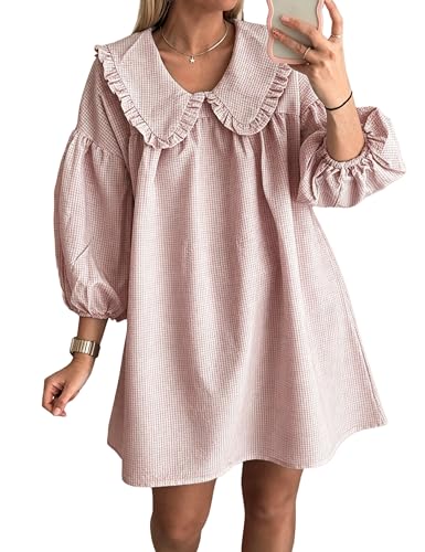 Image of Ynhonra Women's Gingham Mini Dress 3 /4 Puff Sleeve Babydoll Doll Collar