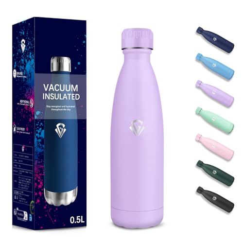 Borraccia Termica, 500 ml Senza BPA, Borraccia, Isolamento Sottovuoto a Doppia Parete, Borracce, 304 Acciaio Inossidabile, Bottiglia Termica per Scuola, Viaggi, Jogging, Campeggio - Viola chiaro