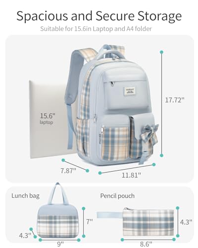 Image of Teen Girl School Backpack with Lunch Box, Cute Bookbag with Laptop Compartment for Big Student Women College Mochilas Escolares para Ninas, Blue