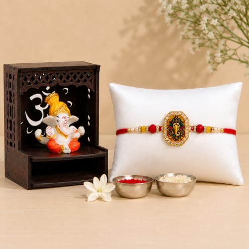 Image of EXPLEASIA Pagadi Ganesha Idol with Wooden Om Temple with Rakhi for Home mandir| car Dashboard| Gift Items | Festival Item| showpiece| Temple Decor